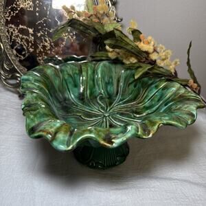 Vintage Lane & Co MCM Green Pedestal Bowl Compote 4.5" California Pottery 1212